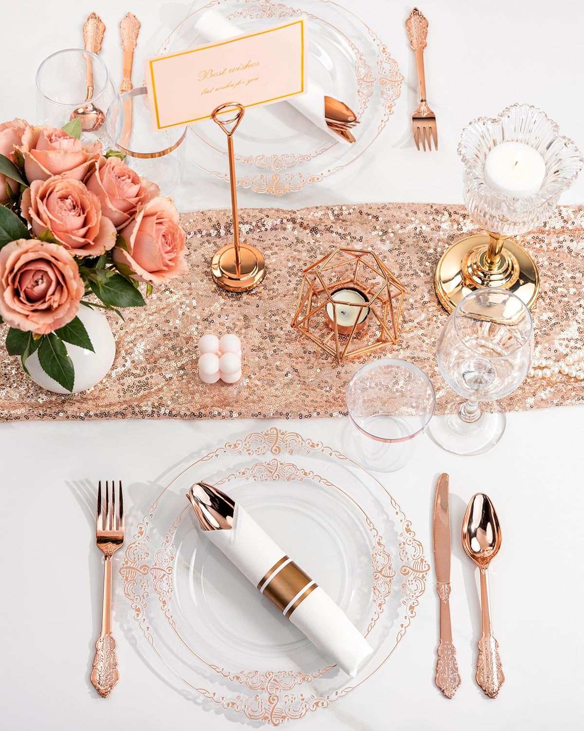 Nervure 350PCS Gold Plastic Plates - Gold Plastic Dinnerware Sets for 50 Guests - 100 Disposable Plates, 150 Silverware, 50 Cups, 50 Napkins for Wedding & Party & Mothers Day