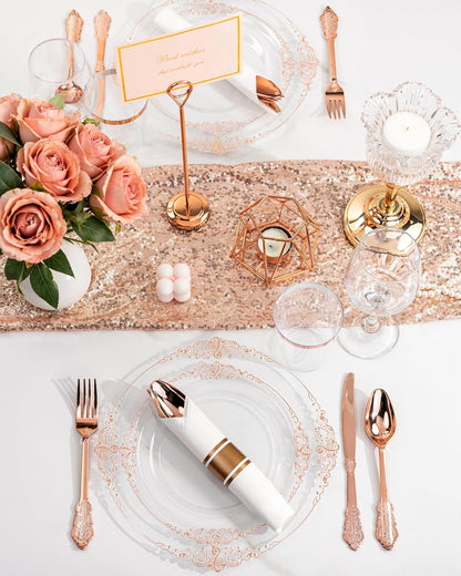 Nervure 350PCS Gold Plastic Plates - Gold Plastic Dinnerware Sets for 50 Guests - 100 Disposable Plates, 150 Silverware, 50 Cups, 50 Napkins for Wedding & Party & Mothers Day