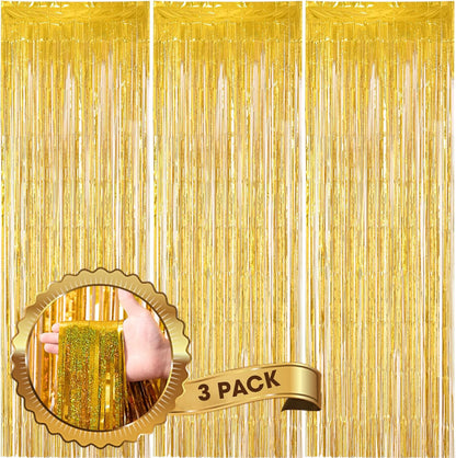 Voircoloria 3 Pack 3.3x8.2 Feet Gold Foil Fringe Backdrop Curtains, Tinsel Streamers, Fringe Backdrop for 2025 New Years Eve, Graduation, Birthday, Baby Shower, Gender Reveal, Disco Party - Colors B