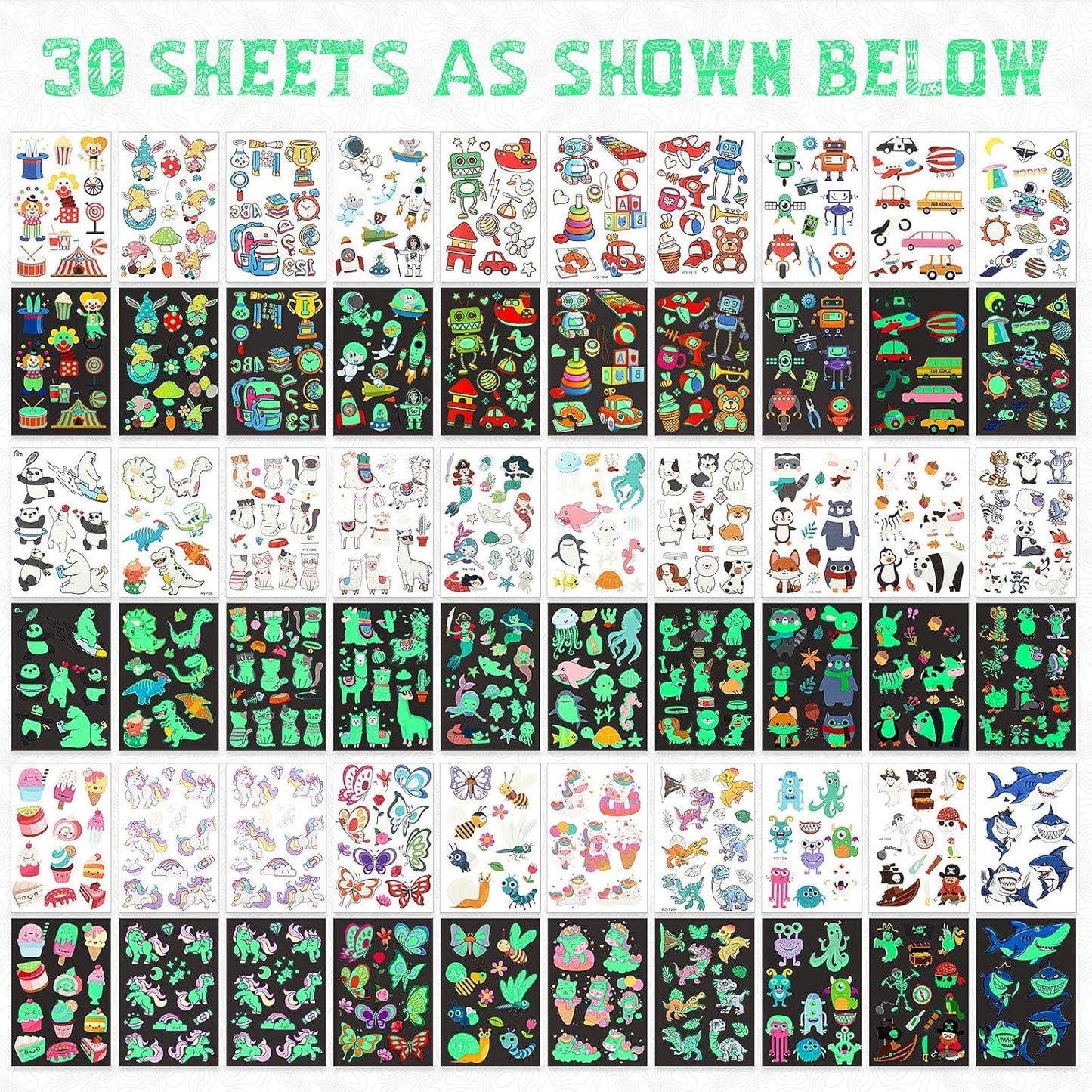 Sinmoe 30 Sheets 400 Pieces Glitter Temporary Tattoos for Kids Waterproof Butterfly Mermaid Unicorn Cartoon Stickers Glow Tattoo for Girls Birthday Party Favors Goodie Bags Fillers(Luminous Pattern)