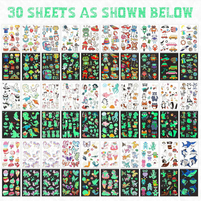 Sinmoe 30 Sheets 400 Pieces Glitter Temporary Tattoos for Kids Waterproof Butterfly Mermaid Unicorn Cartoon Stickers Glow Tattoo for Girls Birthday Party Favors Goodie Bags Fillers(Luminous Pattern)