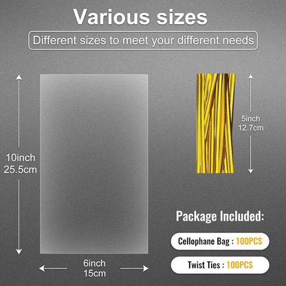 Clear Candy Bags 100pcs 6X10 Cellophane Treat Bag Party Favor Goodie Cake Pop Gift Apple Cello for Gift Baskets Bakery Cookie with Ties