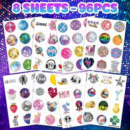 96PCS Disco Ball Temporary Tattoos Pre-Cut 70s Themed Birthday Party Favors Decorations Supplies Decor Cute 1970s Dance Dancing Tattoo Stickers Gifts For Kids Girls Boys Prizes Carnival
