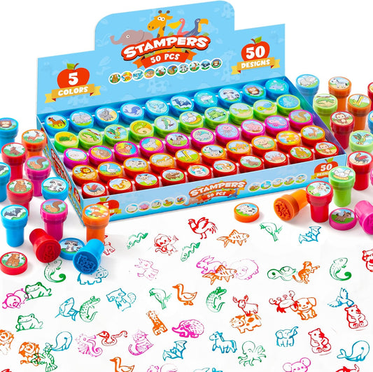 JOYIN 50 Pcs Assorted Stamps for Kids - Self-Ink Stamps with 50 Designs for Birthday Party Favor, Carnival Prizes, School Stampers, Goodie Bag, Classroom Treasure Box Toys (Zoo, Holiday Stampers)