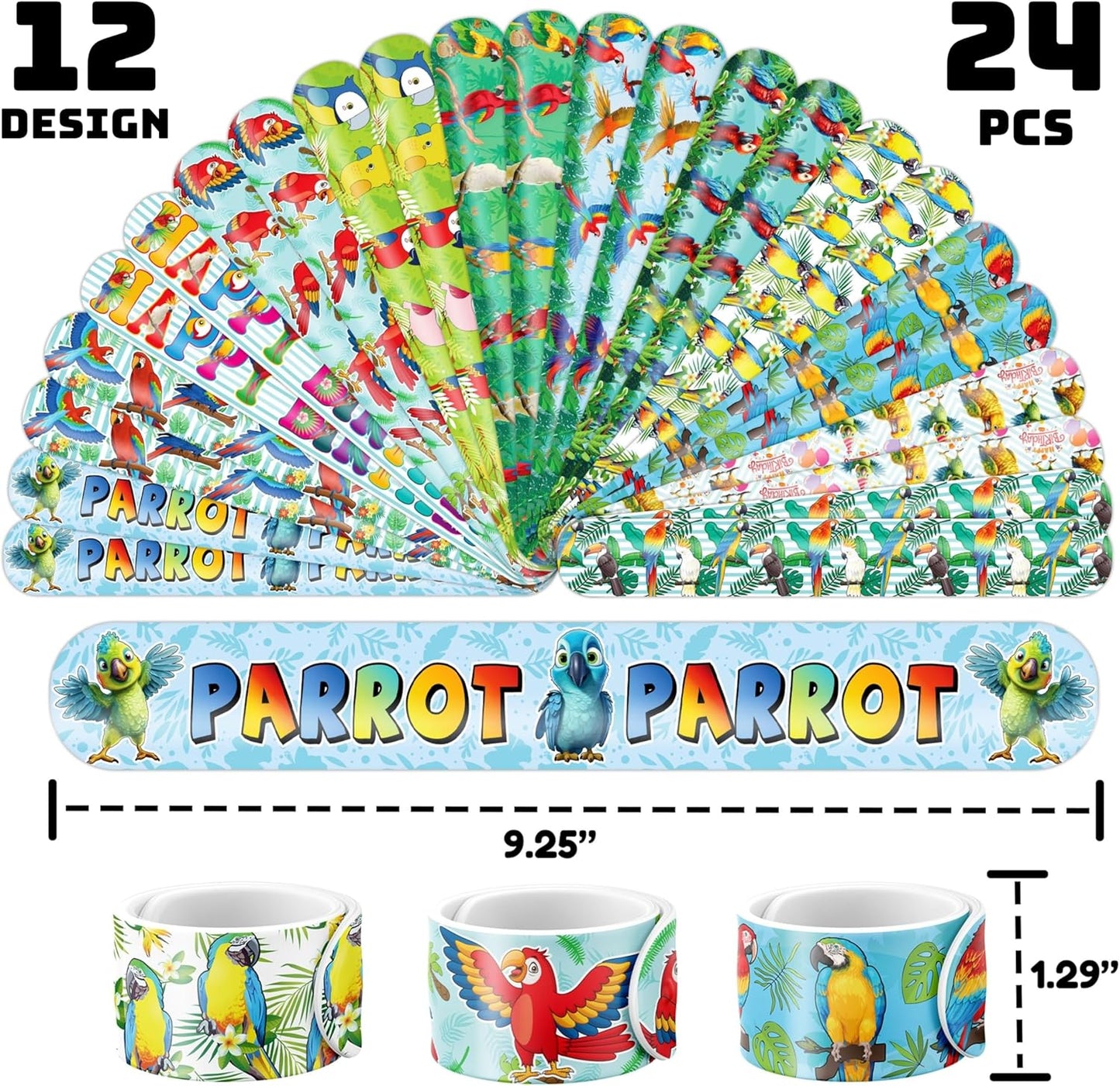 Cherisnowy 48PCS Parrot Party Set - 24PCS Temporary Tattoos & 24PCS Slap Bracelets - Tropical Birthday Supplies, Baby Shower Gifts, Classroom Rewards & Party Decor for Kids (Boys & Girls)