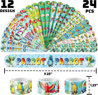 Cherisnowy 48PCS Parrot Party Set - 24PCS Temporary Tattoos & 24PCS Slap Bracelets - Tropical Birthday Supplies, Baby Shower Gifts, Classroom Rewards & Party Decor for Kids (Boys & Girls)