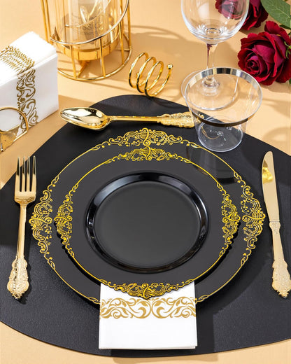 Nervure 350PCS Gold Plastic Plates - Gold Plastic Dinnerware Sets for 50 Guests - 100 Disposable Plates, 150 Silverware, 50 Cups, 50 Napkins for Wedding & Party & Mothers Day