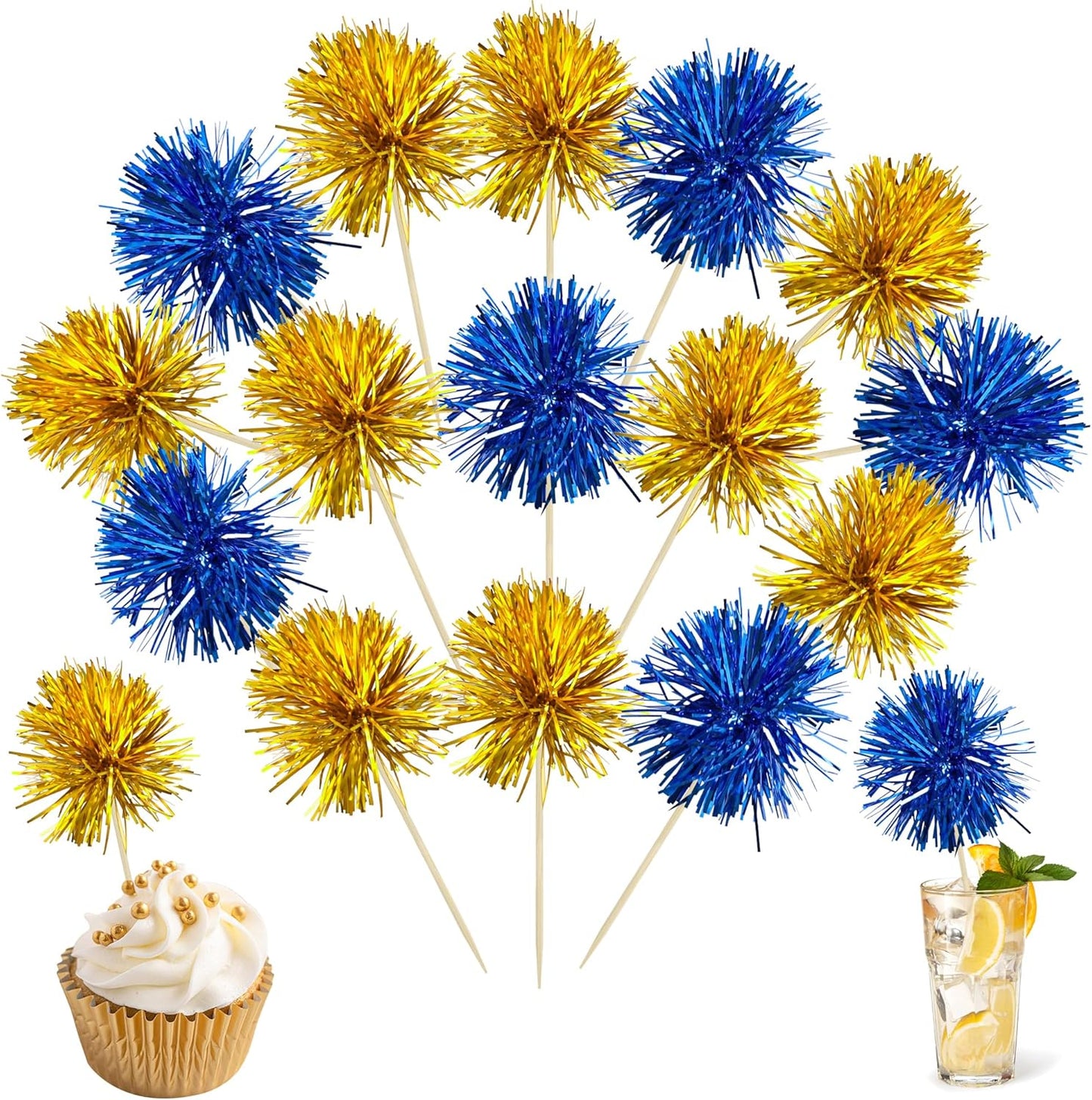 Ephlyn 30Pcs Foil Firework Cupcake Toppers Sparkle Tinsel Cupcake Picks Drink Stirrers Cocktail Food Fruit Toothpicks for Baby Shower Graduation Party Supplies White