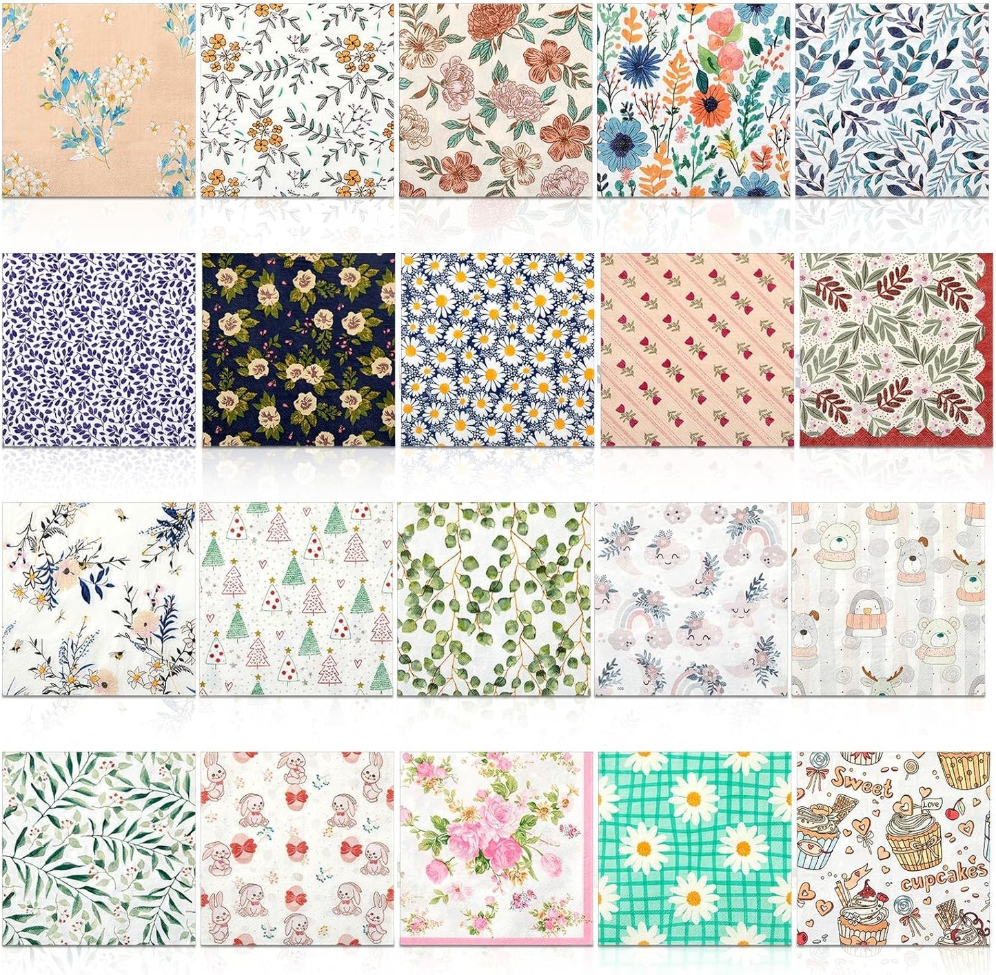 Crtiin 20 Pack Decoupage Napkins Floral Napkins Flower Cocktail Paper Decorative Toilet for Valentine's Day Birthday Party Beautiful Gorgeous, 20 Styles Each 6.5 Inches(Style 1)