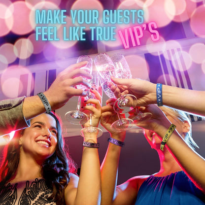 100 Pack Glitter Gold VIP Party Wristbands with Secure Locking Clip. Must Have Adjustable Sparkle VIP Wrist Bands for Events, Parties, Weddings and Festivals