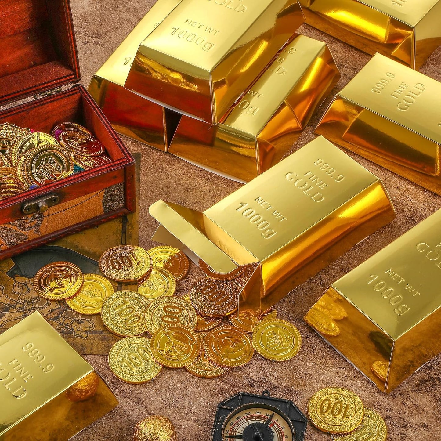 Honoson 24 Pcs Gold Bar Fake Gift Box Foil Gold Bar Party Favor Boxes Paper Golden Favor Boxes Treasure Brick for Pirate Casino Theme Party Decorations Candy Treats Chocolate Toys, 5.5 x 3.2 Inches