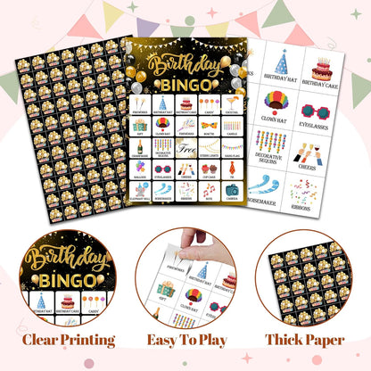 Birthday Bingo Game Cards, Balck Golden Happy Birthday Bingo Game for Adults Friends Large Group, Ideal Gifts for Special Day Activities, B-Day Party Decorations Favors -A12