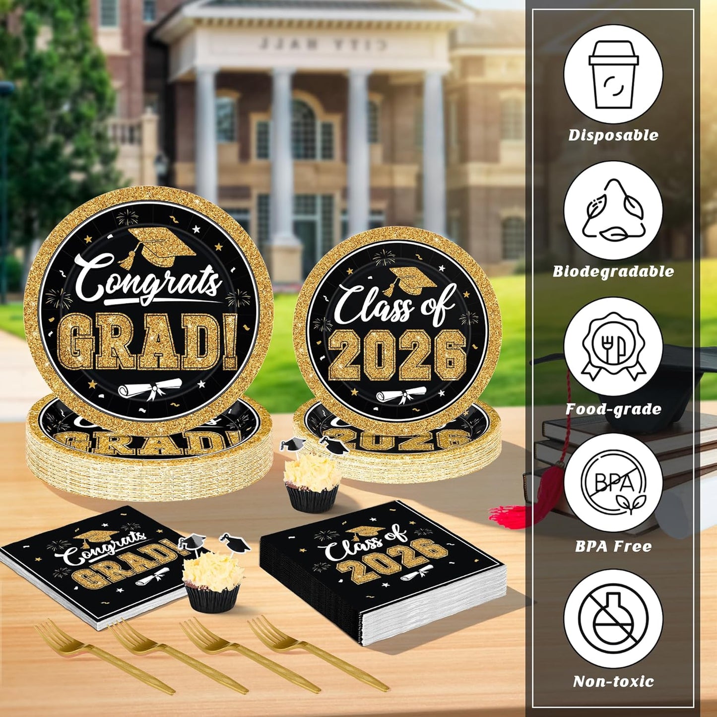 200Pcs Graduation Decorations 2026, Blue Graduation Plates and Napkins Party Supplies for 50 Guests, Disposable Grad Plates, Napkins, Dessert Plates and Forks for Grad Decor Wedding Birthday Supplies