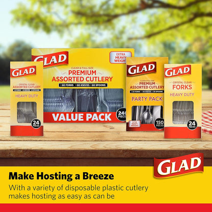 Glad Clear Disposable Cutlery Set with Heavy Duty Plastic Forks, Knives, and Spoons, Reusable Dishwasher Safe Plastic Utensils for Parties and Everyday Use, 240 Count