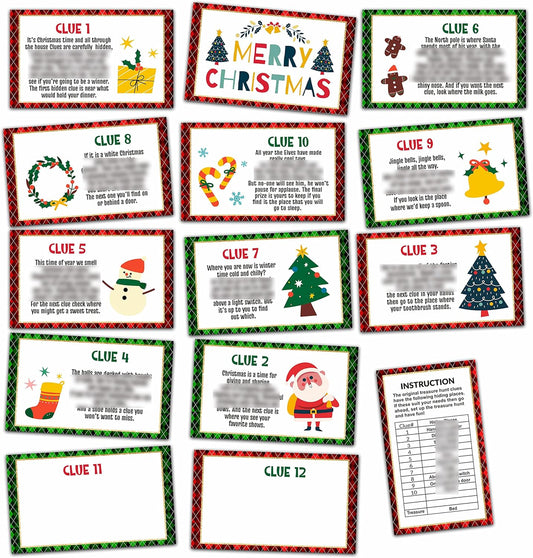 Christmas Party Games - Christmas Scavenger Treasure Hunt Clues Cards, Xmas Game Cards, Christmas Eve/Happy New Year Party Supplies Decorations(13 Cards With Colourful Envelopes)