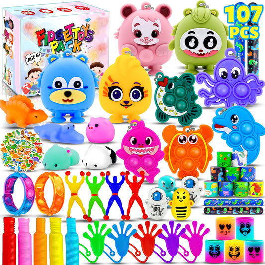 107Pcs Party Favors for Kids, Bulk Fidget Toy Pack, Prizes Box Toys for Kids Classroom, Treasure Box Toys Goodie Bag Pinata Stuffers for Kid 4-8, Birthday Gift, Classroom Prizes, Treasure Chest