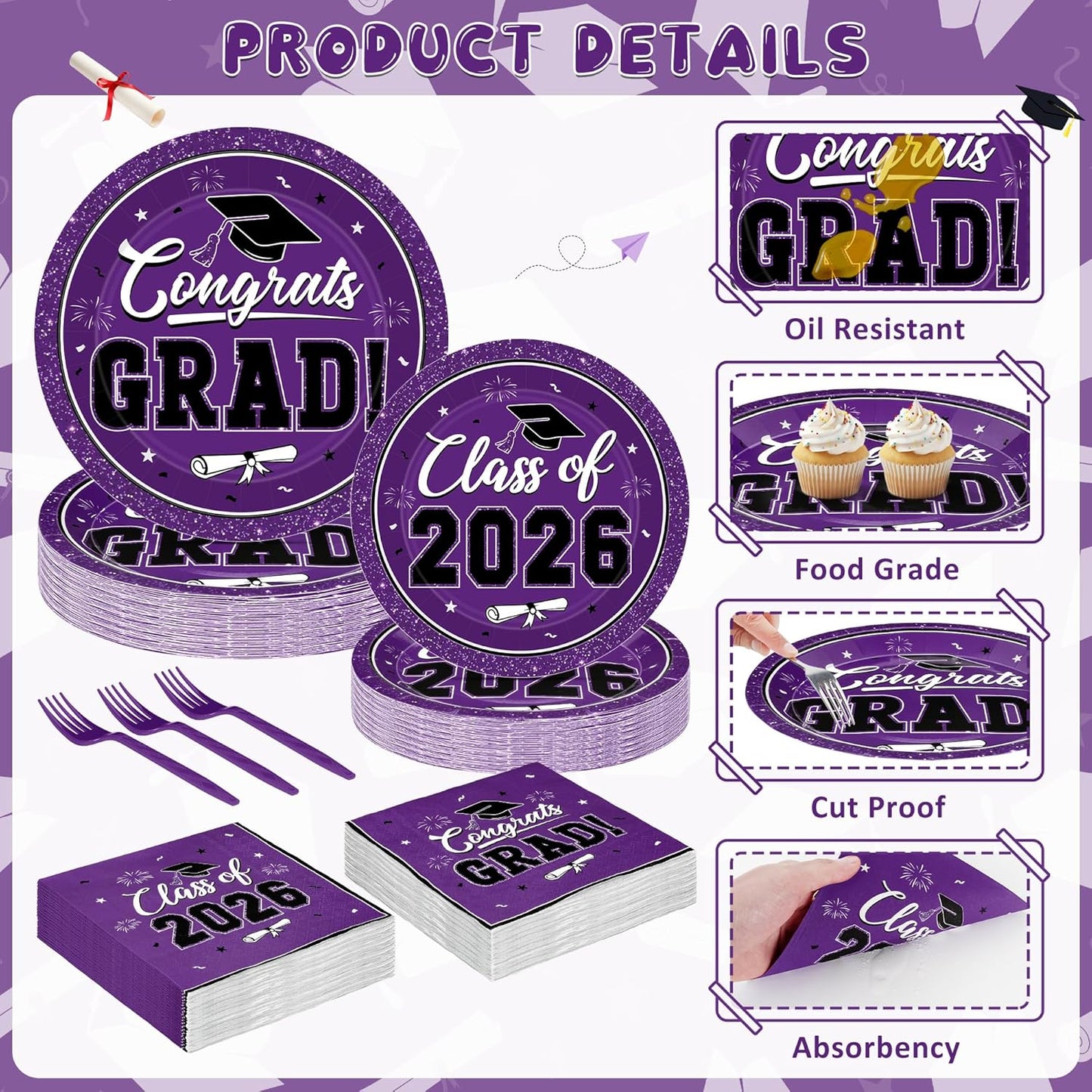 200Pcs Graduation Decorations 2026, Blue Graduation Plates and Napkins Party Supplies for 50 Guests, Disposable Grad Plates, Napkins, Dessert Plates and Forks for Grad Decor Wedding Birthday Supplies