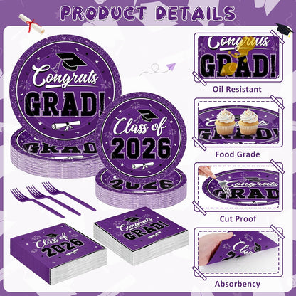 200Pcs Graduation Decorations 2026, Blue Graduation Plates and Napkins Party Supplies for 50 Guests, Disposable Grad Plates, Napkins, Dessert Plates and Forks for Grad Decor Wedding Birthday Supplies
