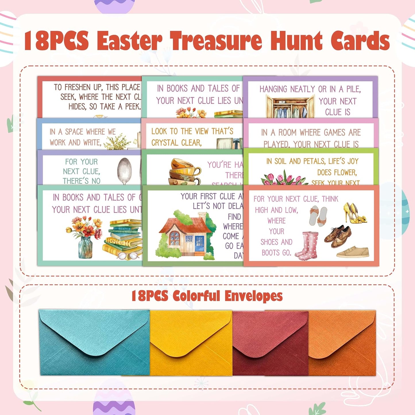 Scavenger Hunt Clue Cards, Indoor Easter Scavenger Hunt Games for Adults, Holiday Birthday Easter Party Supplies Activities for Family Friends (18 Clues Cards with Envelopes), 06