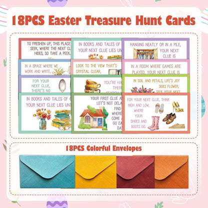 Scavenger Hunt Clue Cards, Indoor Easter Scavenger Hunt Games for Adults, Holiday Birthday Easter Party Supplies Activities for Family Friends (18 Clues Cards with Envelopes), 06