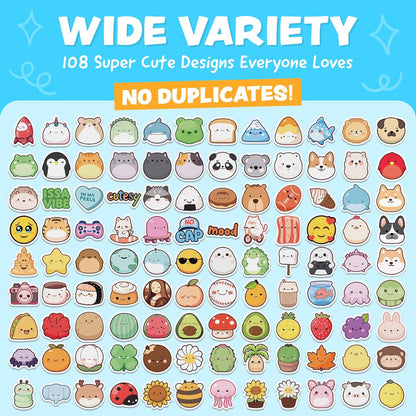 Cute Stickers for Kids - Kawaii Water Bottle Stickers for Teens - 108pc Sticker Pack - Waterproof Vinyl Stickers for Water Bottles, Scrapbook, Laptops, Etc.
