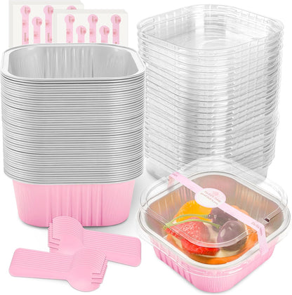NPLUX 50 Pcs Mini Cake Pans with Lids and Spoons Aluminum Foil Mini Square Baking Cups with Lids Disposable Ramekins Cake Pans Dessert Cups for Wedding Mothers Day Gifts Party Favors(Pink,5oz)