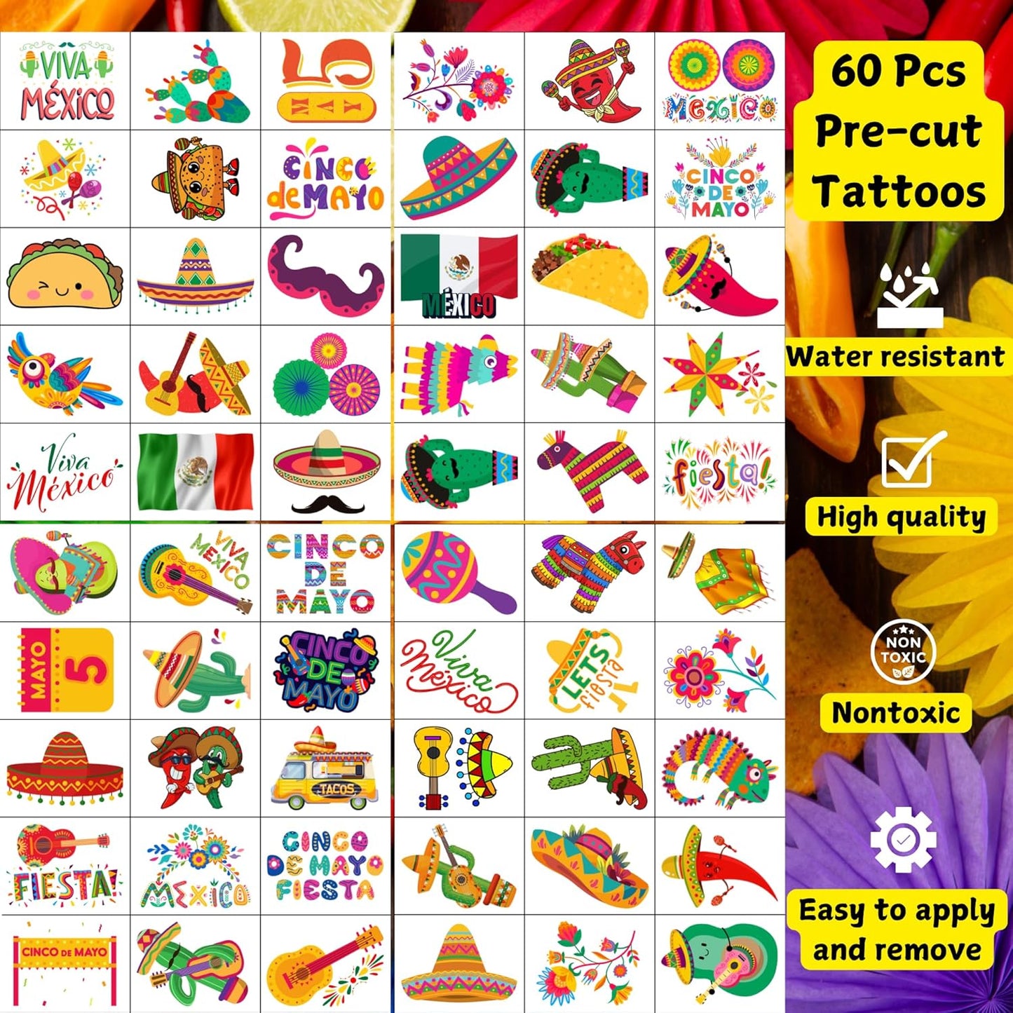 Cinco De Mayo Temporary Tattoos - Cinco De Mayo Decorations Fiesta Party Decorations Supplies Accessories Traditional Mexico Fiesta Party Favors Mexican Design Taco Celebration Gift Idea For Family
