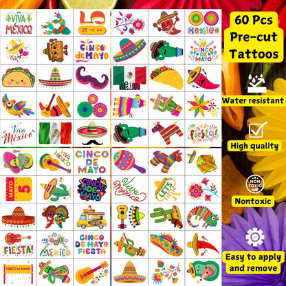 Cinco De Mayo Temporary Tattoos - Cinco De Mayo Decorations Fiesta Party Decorations Supplies Accessories Traditional Mexico Fiesta Party Favors Mexican Design Taco Celebration Gift Idea For Family