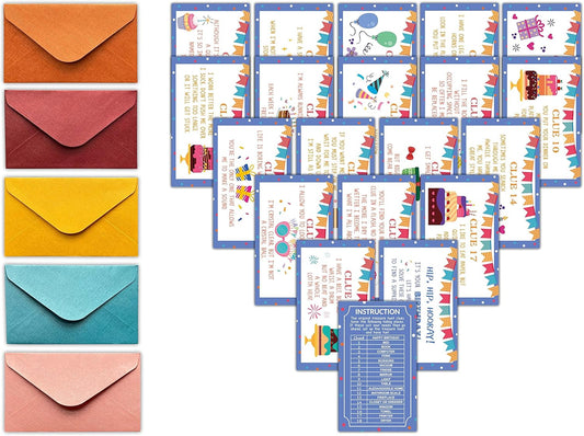 Happy Birthday Treasure Hunt Clues Game Cards, Birthday Party Scavenger Hunt Card Game(20 Cards with Colourful Envelopes), Indoor Outdoor Party Game Supply for Adults Family Teacher (A06)