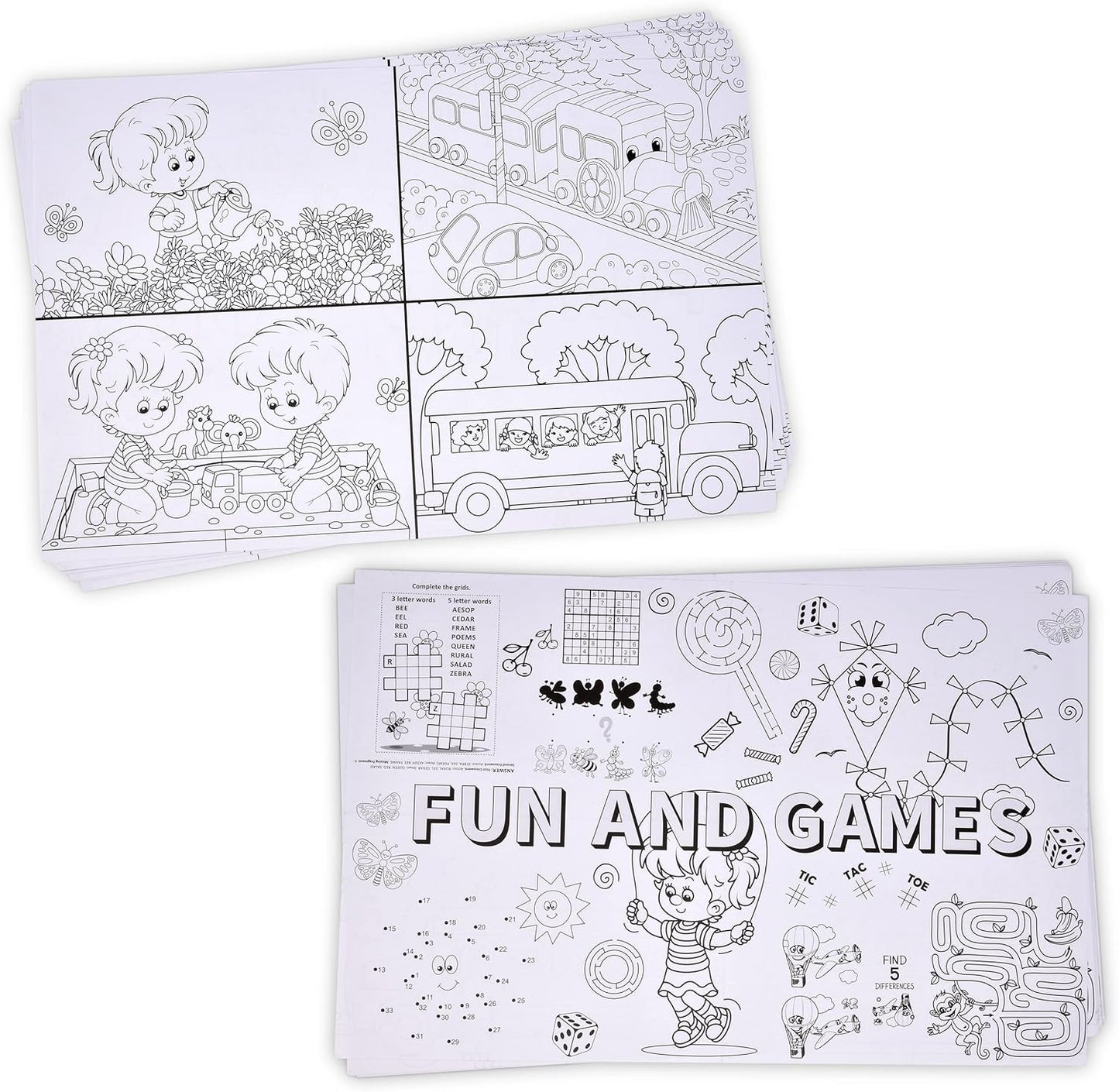 50 Kids Activity Placemats Disposable Paper 11x17 Double Sided Coloring Puzzle Games Sheets Restaurant Entertainment Crafts Party Table Decor