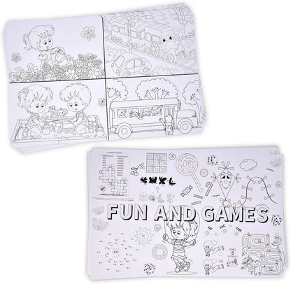 50 Kids Activity Placemats Disposable Paper 11x17 Double Sided Coloring Puzzle Games Sheets Restaurant Entertainment Crafts Party Table Decor