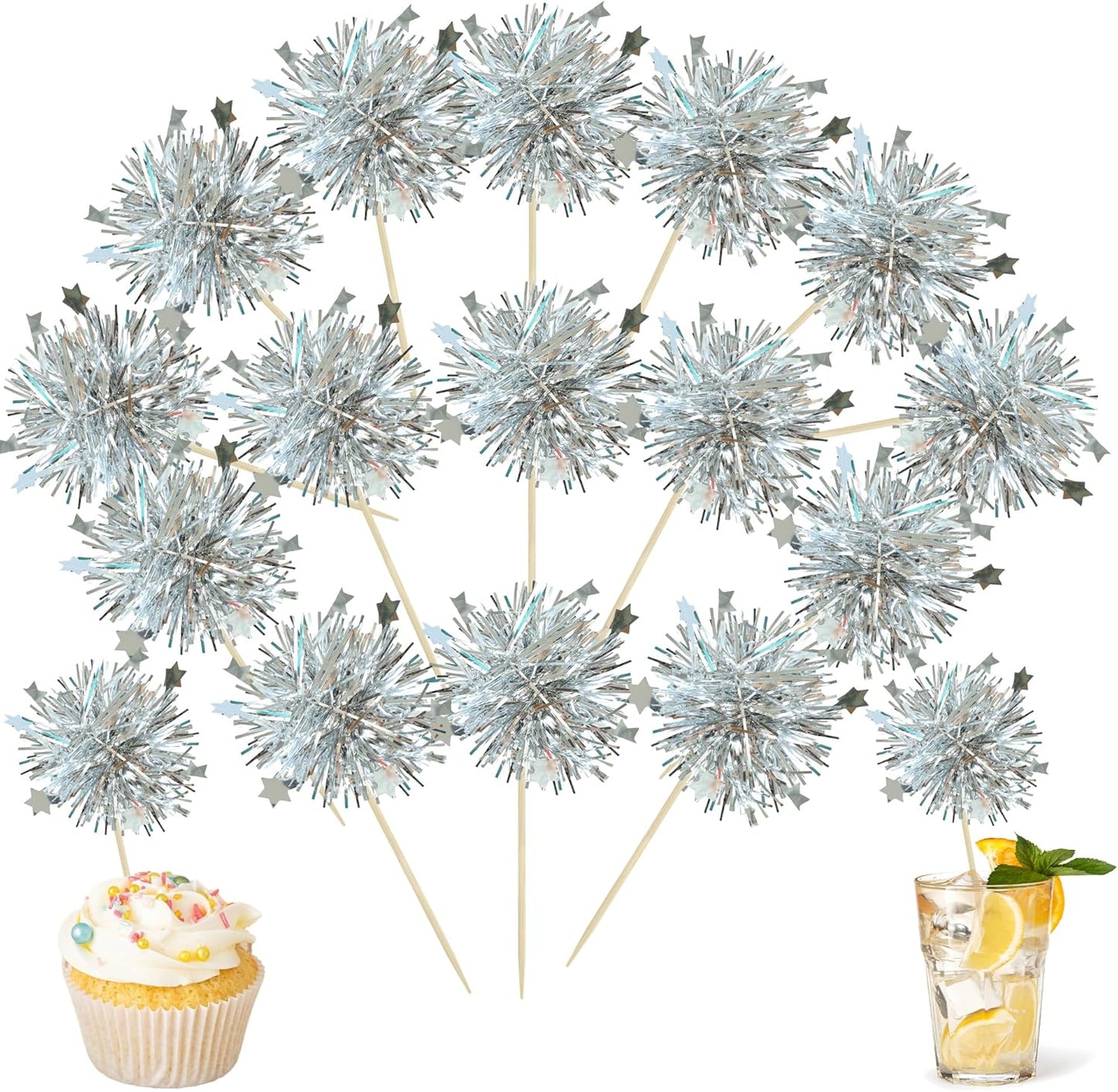 Ephlyn 30Pcs Foil Firework Cupcake Toppers Sparkle Tinsel Cupcake Picks Drink Stirrers Cocktail Food Fruit Toothpicks for Baby Shower Graduation Party Supplies White