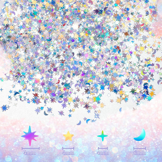 Skylety 60 G/ 2.1 oz Holographic Star Moon Glitter Fairy Confetti Sequin Galaxy Iridescent Metallic Glitter Foil Confetti Sequin Scatter for Valentines Wedding Party DIY(10 mm, 6 mm,Silver)