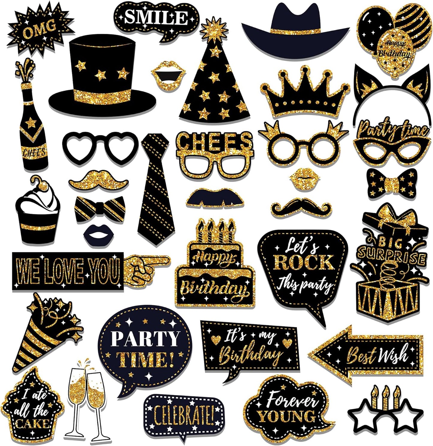36 PCS Birthday Photo Booth Props Party Supplies Holiday Picture Decorations Photo Booth Props for Birthday Party Favors Pose Sign Kit Fun for Party (Purple and Black)