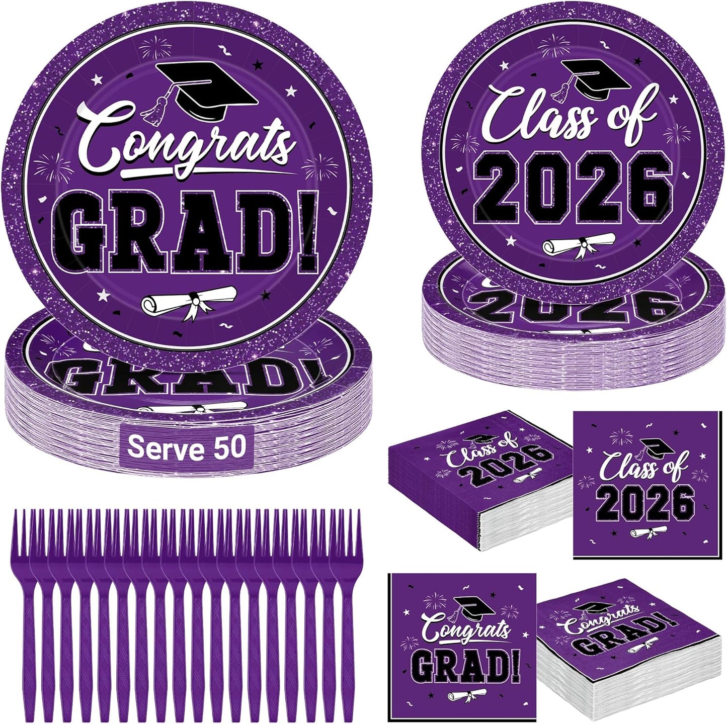 200Pcs Graduation Decorations 2026, Blue Graduation Plates and Napkins Party Supplies for 50 Guests, Disposable Grad Plates, Napkins, Dessert Plates and Forks for Grad Decor Wedding Birthday Supplies