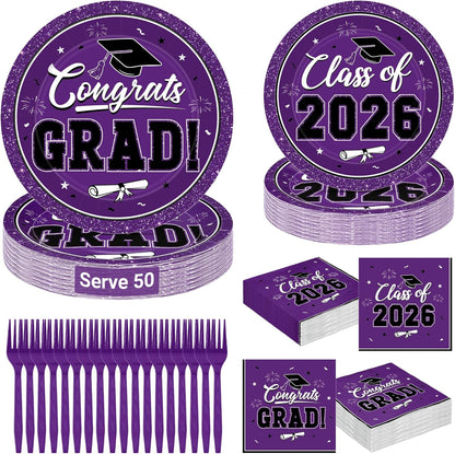 200Pcs Graduation Decorations 2026, Blue Graduation Plates and Napkins Party Supplies for 50 Guests, Disposable Grad Plates, Napkins, Dessert Plates and Forks for Grad Decor Wedding Birthday Supplies