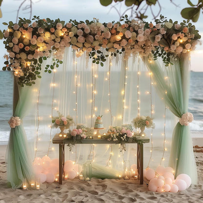 Fomcet Tulle Backdrop Curtains with Lights String White 10FT X 8FT Sheer Curtain with Lights Tulle Curtains Backdrop for Wedding Birthday Party Baby Shower Photo Shoot (2 Panels 5x8FT)