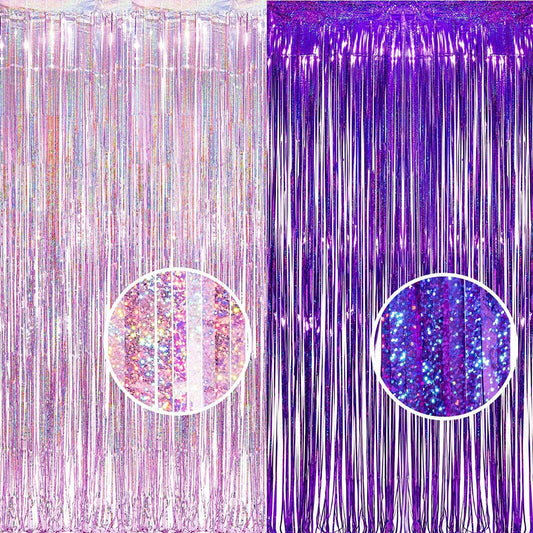 BRAVESHINE Iridescent Foil Fringe Backdrop - 2 Pack 3.2x6.5ft Holographic Tinsel Photo Booths Pros Streamer Curtains for Girl/16th Birthday/Engagement/Bridal/Anniversary/Bachelorette Party Decorations - Colors B