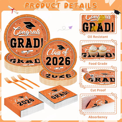 200Pcs Graduation Decorations 2026, Blue Graduation Plates and Napkins Party Supplies for 50 Guests, Disposable Grad Plates, Napkins, Dessert Plates and Forks for Grad Decor Wedding Birthday Supplies