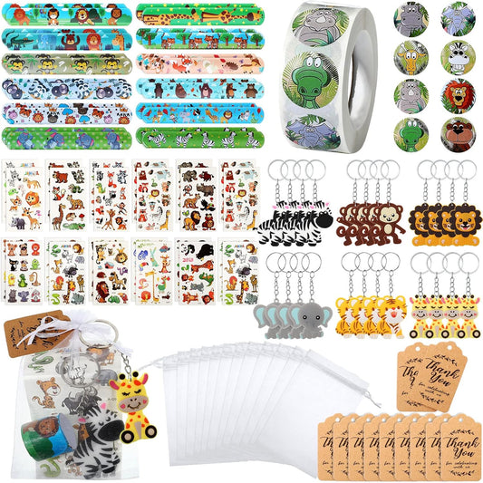 Fumete 121 Pcs Jungle Safari Party Favors Animals Theme Birthday Supplies with Slap Bracelets Keychains Temporary Animal Sticker Roll Bag Tag for Baby Shower Goodie Bag Fillers