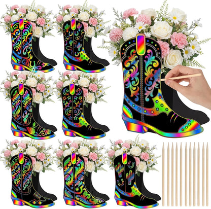Dunzoom 8 Set DIY Western Cowboy Boots Flower Boxes Crafts Western Cowgirl Centerpiece for Table Cowboy Boot Scratch Art Kit Cowgirl Flower Boxes to Paint Wedding Birthday Party Supplies(Brown)