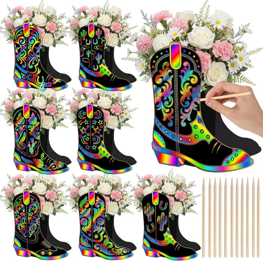 Dunzoom 8 Set DIY Western Cowboy Boots Flower Boxes Crafts Western Cowgirl Centerpiece for Table Cowboy Boot Scratch Art Kit Cowgirl Flower Boxes to Paint Wedding Birthday Party Supplies(Brown)