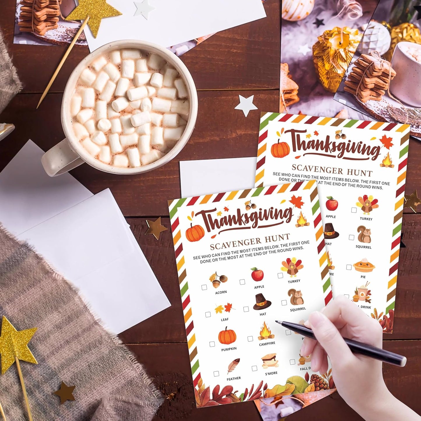 Thanksgiving Scavenger Hunt Game Set, 30 Harvest Stripes Theme Double-Sided Game Cards for Thanksgiving Parties, Family, Friends & Classroom Activities -B04