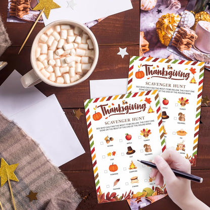 Thanksgiving Scavenger Hunt Game Set, 30 Harvest Stripes Theme Double-Sided Game Cards for Thanksgiving Parties, Family, Friends & Classroom Activities -B04