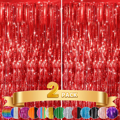 GCB 2Pack Black Metallic Tinsel Foil Fringe Curtains, Black Foil Curtain Backdrop, Photo Booth Props for Birthday Wedding Baby Shower Bachelorette Xmas Celebration Party Decorations Door Streamers