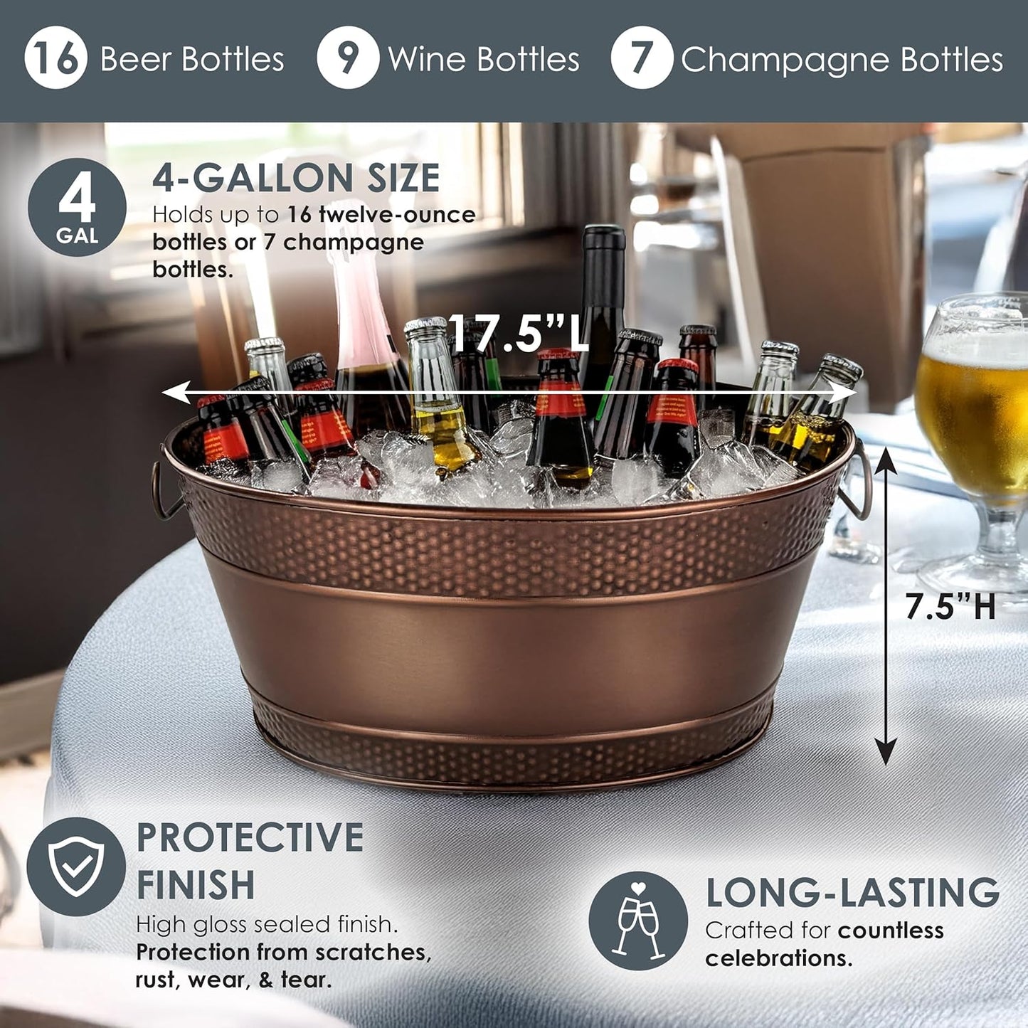 BREKX Galvanized Beverage Tub for Parties, Oval Drink Bucket with Handles, Colt Copper Finish Wine Cooler Bucket for Home Bar (15-Quarts, 16-Bottles), Long-Lasting for Years of Celebrations