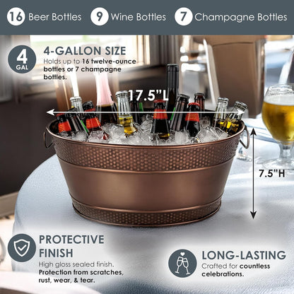 BREKX Galvanized Beverage Tub for Parties, Oval Drink Bucket with Handles, Colt Copper Finish Wine Cooler Bucket for Home Bar (15-Quarts, 16-Bottles), Long-Lasting for Years of Celebrations