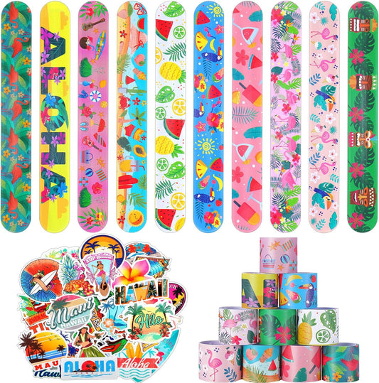 Sratte 90 Pcs Hawaiian Party Favor 40 Hawaiian Slap Bracelets 50 Hawaii Stickers Summer Tropical Luau Aloha Tiki Theme Party Bulk for Adult Hula Gifts Beach Pool Birthday Goody Bag Piñata Filler