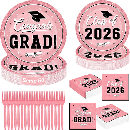 200Pcs Graduation Decorations 2026, Blue Graduation Plates and Napkins Party Supplies for 50 Guests, Disposable Grad Plates, Napkins, Dessert Plates and Forks for Grad Decor Wedding Birthday Supplies