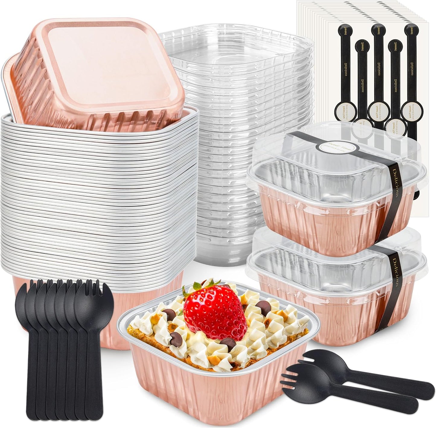 NPLUX 50 Pcs Mini Cake Pans with Lids and Spoons Aluminum Foil Mini Square Baking Cups with Lids Disposable Ramekins Cake Pans Dessert Cups for Wedding Mothers Day Gifts Party Favors(Pink,5oz)